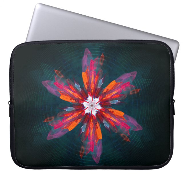 Floral Mandala Flowers Oranje Red Blue Abstract Laptop Sleeve (Voorkant)