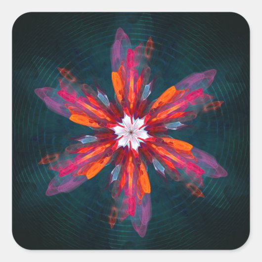 Floral Mandala Flowers Oranje Red Blue Abstract Vierkante Sticker (Voorkant)