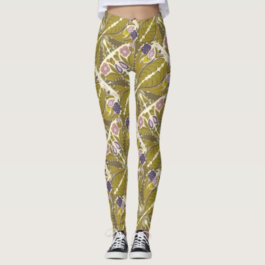 Floral Mandala, gedempt olijfroze en paarse Leggings (Voorkant)