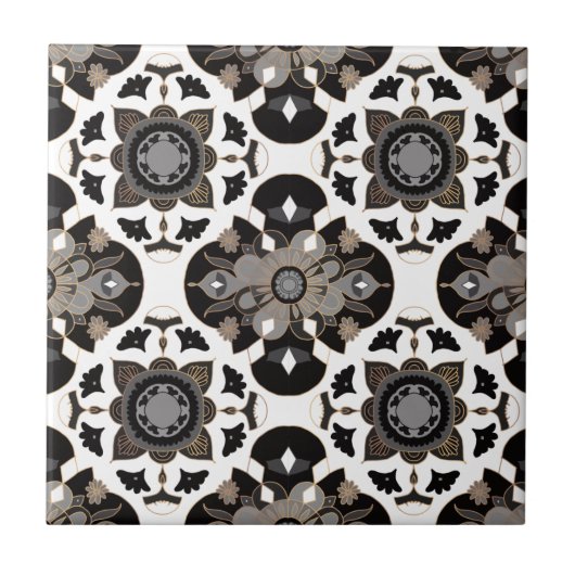 Floral Mandala Taupe Gray Black Tegeltje (Voorkant)