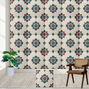 Floral Mandala Tegel in Blauwgroen rood en groen Tegeltje