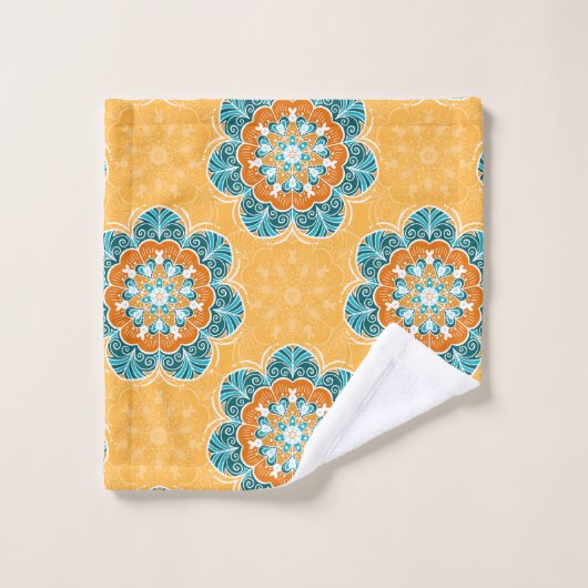 Floral Mandala Tegel in Oranje en Blauwgroen Bad Handdoek (Wasdoekje)