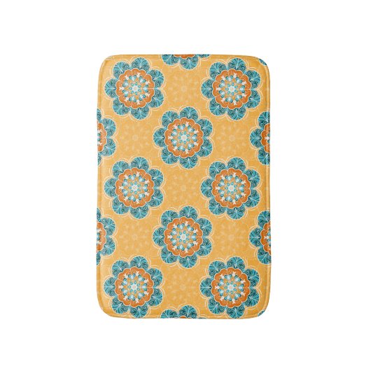 Floral Mandala Tegel in Oranje en Blauwgroen Badmat (Voorkant Verticaal)