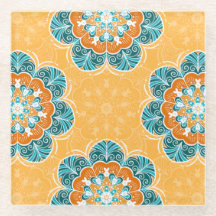 Floral Mandala Tegel in Oranje en Blauwgroen
