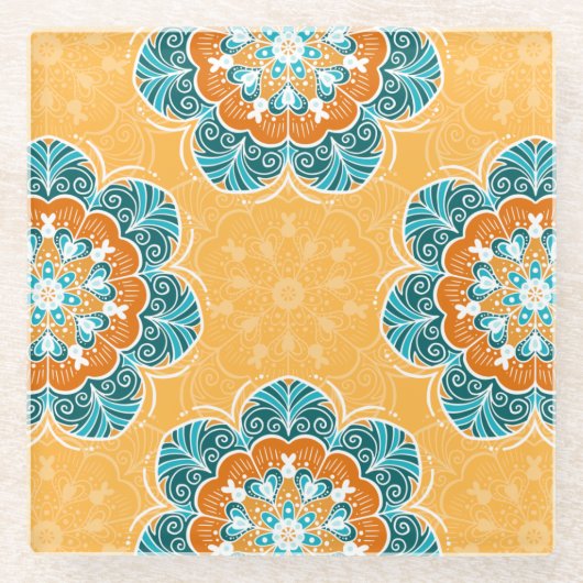 Floral Mandala Tegel in Oranje en Blauwgroen Glazen Onderzetter (Voorkant)