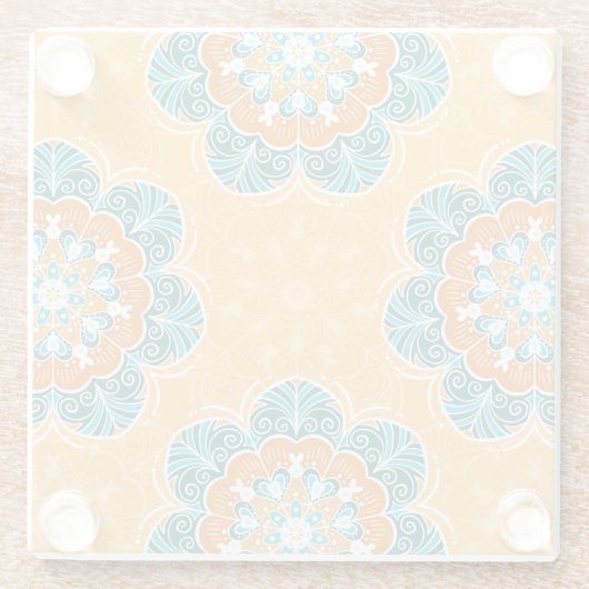 Floral Mandala Tegel in Oranje en Blauwgroen Glazen Onderzetter (Achterkant)