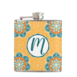 Floral Mandala Tegel in Oranje en Blauwgroen Heupfles