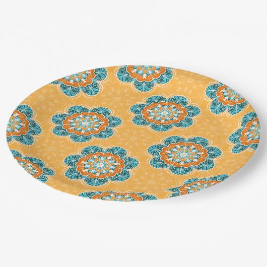 Floral Mandala Tegel in Oranje en Blauwgroen Papieren Bordje (Gekanteld)