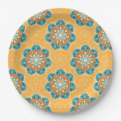 Floral Mandala Tegel in Oranje en Blauwgroen Papieren Bordje (Voorkant)