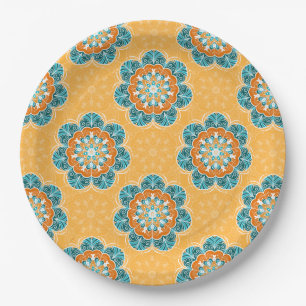 Floral Mandala Tegel in Oranje en Blauwgroen Papieren Bordje