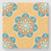 Floral Mandala Tegel in Oranje en Blauwgroen Stenen Onderzetter (Voorkant)