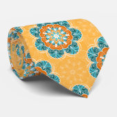 Floral Mandala Tegel in Oranje en Blauwgroen Stropdas (Opgerold)