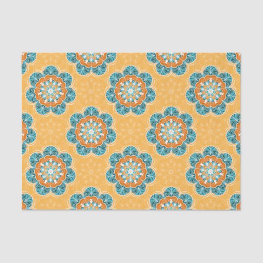 Floral Mandala Tegel in Oranje en Blauwgroen Tissuepapier (Voorkant)