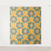 Floral Mandala Tegel in Oranje en Blauwgroen Wandkleed (Voorkant)