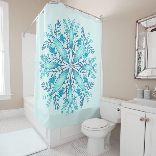 Floral Mandala - Turquoise Blue Boho Snowflake Douchegordijn (In situ)