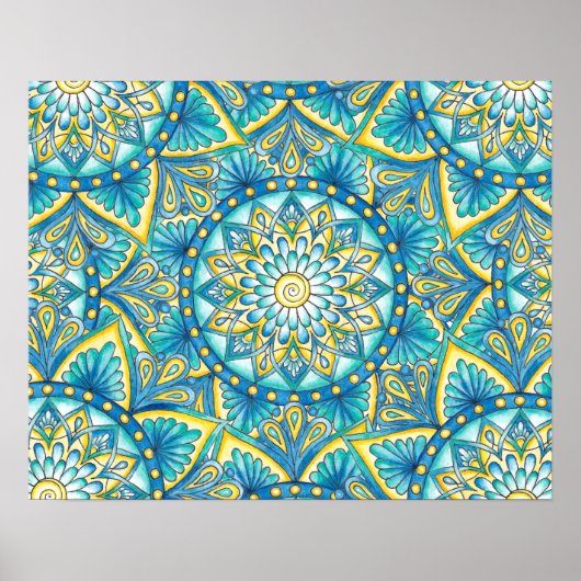 Floral Mandala Yellow Blue Turquoise Pattern Poster (Voorkant)