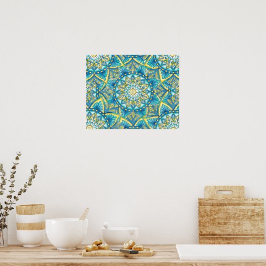 Floral Mandala Yellow Blue Turquoise Pattern Poster (Keuken)