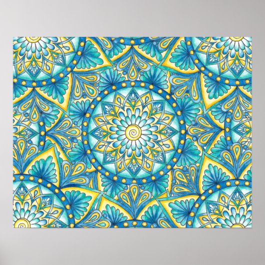 Floral Mandala Yellow Blue Turquoise Pattern Poster (Voorkant)