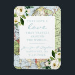 Floral Map Love Travels Weddenschap Magneet<br><div class="desc">Een charmante blauwe en groene kaart met witte boho bloemen en een romantische 'liefde reist de wereld' citaat op een fridge magneet die werkt als een bestemmings bruiloft of reisthema, met behoud van de date of bruiloft, perfect voor een stel dat de wereld samen heeft gereisd voor werk of plezier,...</div>