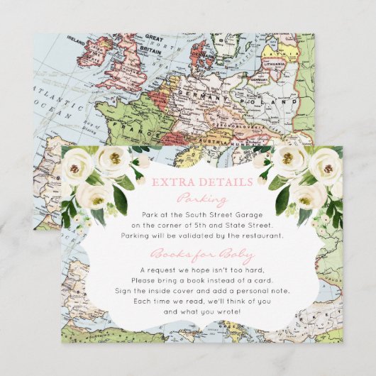 Floral Map Roze Reisthema Baby shower Info Informatiekaartje (Voorkant / Achterkant)