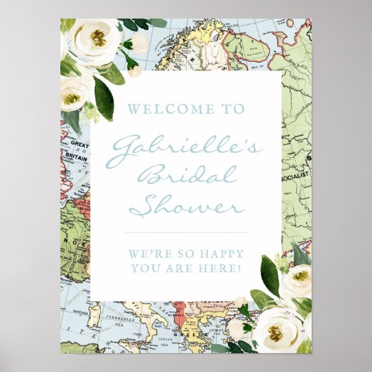 Floral Map Travel Theme Bridal Shower Welcome Sign Poster (Voorkant)