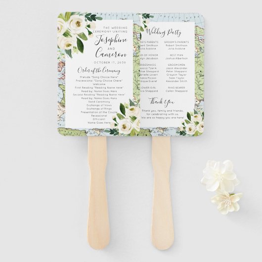 Floral Map Travel Theme Wedding Ceremony Programme Handwaaier (Voorkant en achterkant)