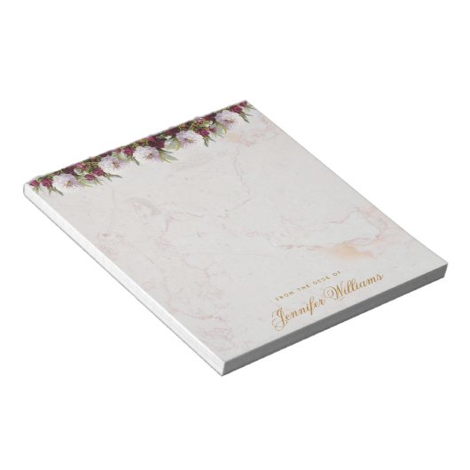 Floral Marble Burgundy Peonies Golden Script Girly Notitieblok (Schuin)
