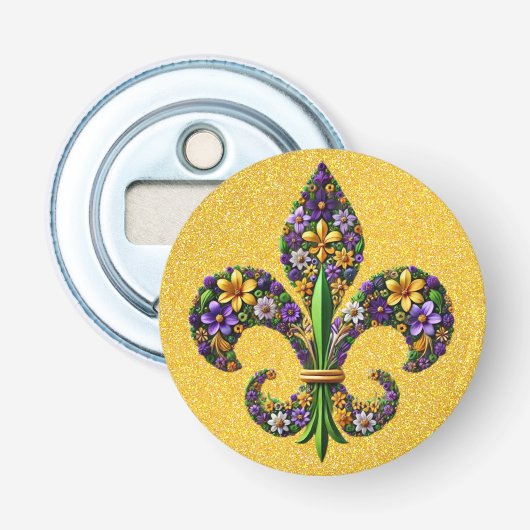 Floral Mardi Gras fleur de lis Button Flesopener (Voorkant)