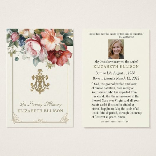 Floral Marian Cross Funeral Prayer Kaart (Voorkant /achterkant)