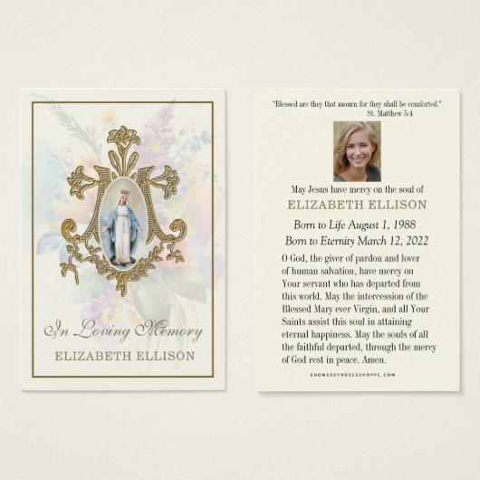 Floral Marian Cross Virgin Mary Funeral Prayer Visitekaartje (Voorkant /achterkant)