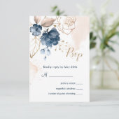 Floral marineblauw en goud Bindantwoord Kaart (Staand voorkant)