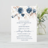 Floral marinesblauwe en goudbruiloft kaart (Staand voorkant)