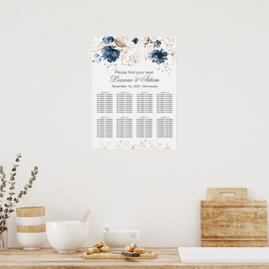 Floral marinesblauwe en gouden bruiloft 8 tafels poster (Keuken)