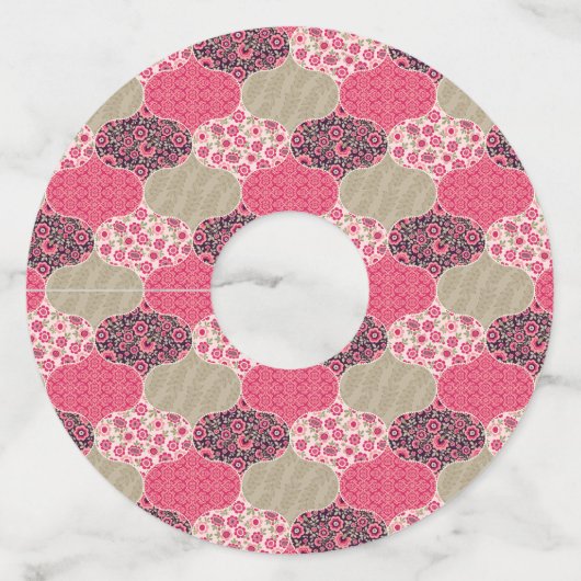  Floral Marokkaanse Patroon Roze Wijnglaslabel (Voorkant)