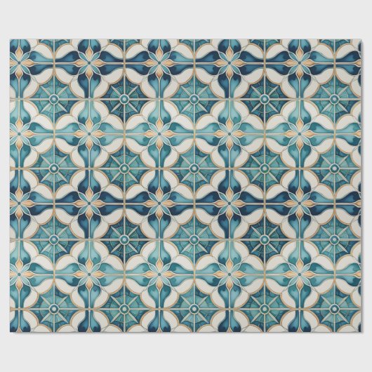 Floral Marokkaanse Tegel Patroon#1 Blauwgroen Wit Cadeaupapier (Vlak)