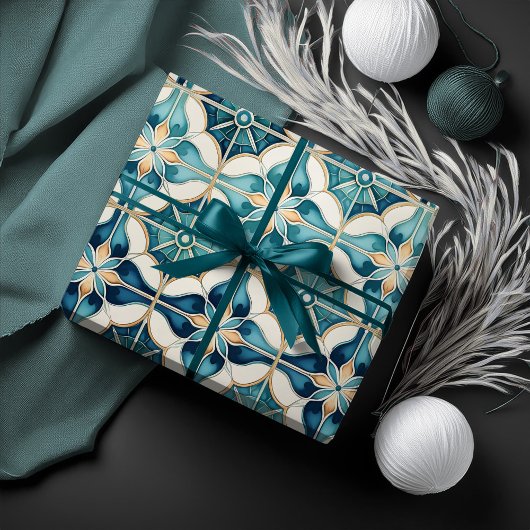 Floral Marokkaanse Tegel Patroon#1 Blauwgroen Wit  Cadeaupapier