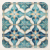 Floral Marokkaanse Tegel Patroon#1 Blauwgroen Wit  Kartonnen Onderzetters (Voorkant)