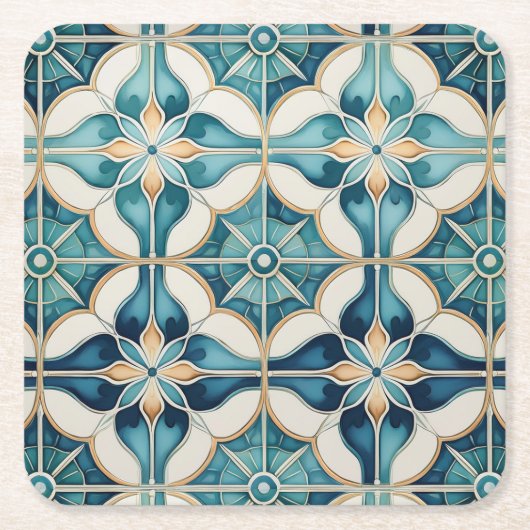 Floral Marokkaanse Tegel Patroon#1 Blauwgroen Wit  Kartonnen Onderzetters (Voorkant)