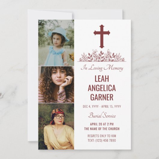Floral Maroon Cross 3 Foto's White Burial Service Kaart (Voorkant)