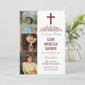 Floral Maroon Cross 3 Foto's White Burial Service Kaart (Staand voorkant)