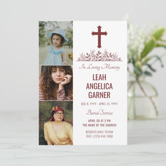 Floral Maroon Cross 3 Foto's White Burial Service Kaart (Staand voorkant)