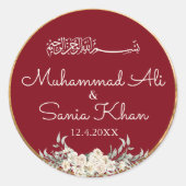 Floral Maroon en Goud Islamitische Moslim Bruiloft Ronde Sticker (Voorkant)