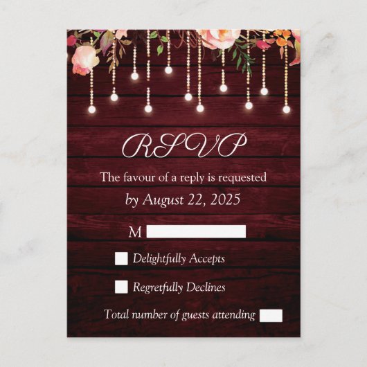 Floral Maroon Houten Rustieke Bruiloft RSVP Briefkaart (Voorkant)