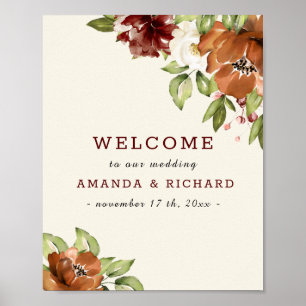Floral Maroon, Ivory Wedding Welcome Sign Poster