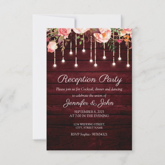 Floral Maroon Wood Rustic Wedding Reception Kaart (Voorkant)