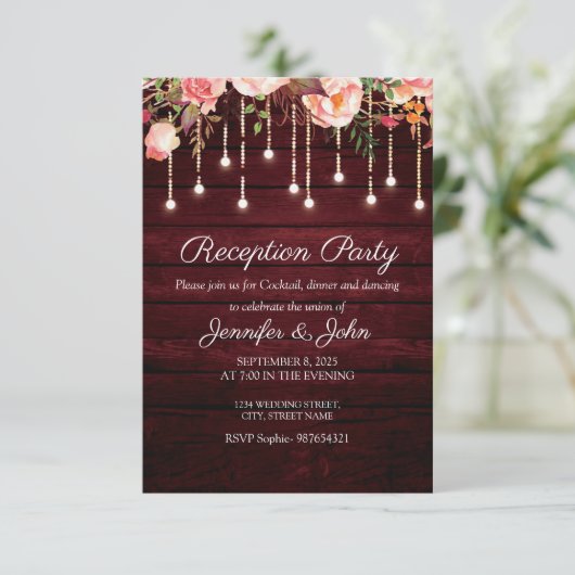 Floral Maroon Wood Rustic Wedding Reception Kaart (Staand voorkant)