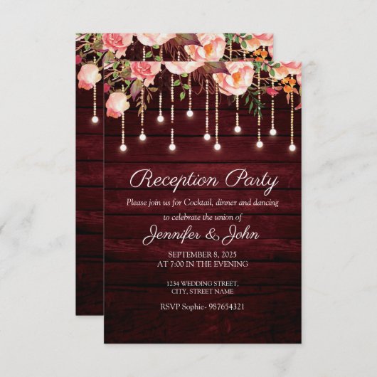 Floral Maroon Wood Rustic Wedding Reception Kaart (Voorkant / Achterkant)
