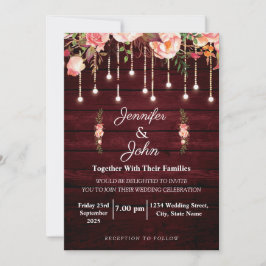 Floral Maroon Wooden Rustic Wedding Kaart