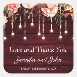 Floral Maroon Wooden Rustic Wedding Vierkante Sticker