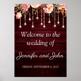 Floral Maroon Wooden Rustic Wedding Welkom Poster
